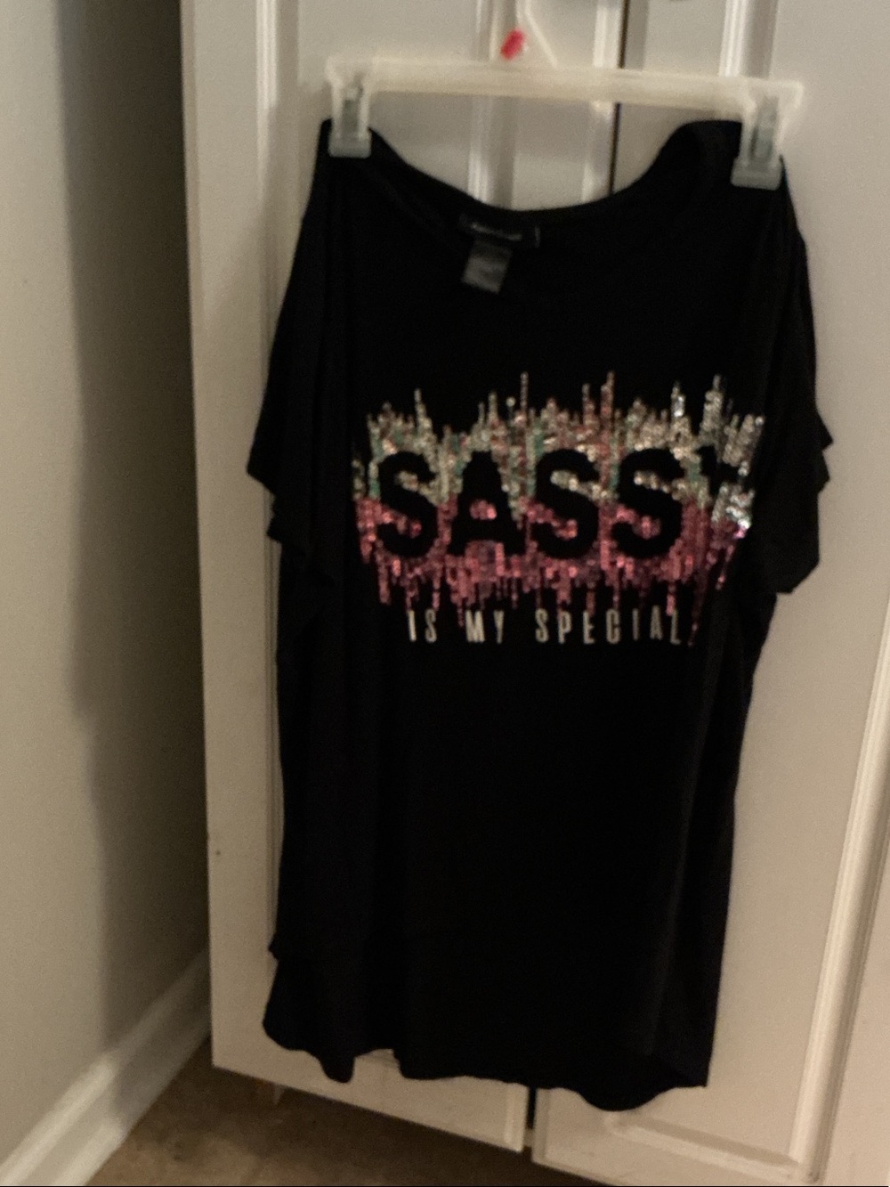 Ashley Stewart Black Short-Sleeve Sequin 'SASS' Graphic Tee plus size Top